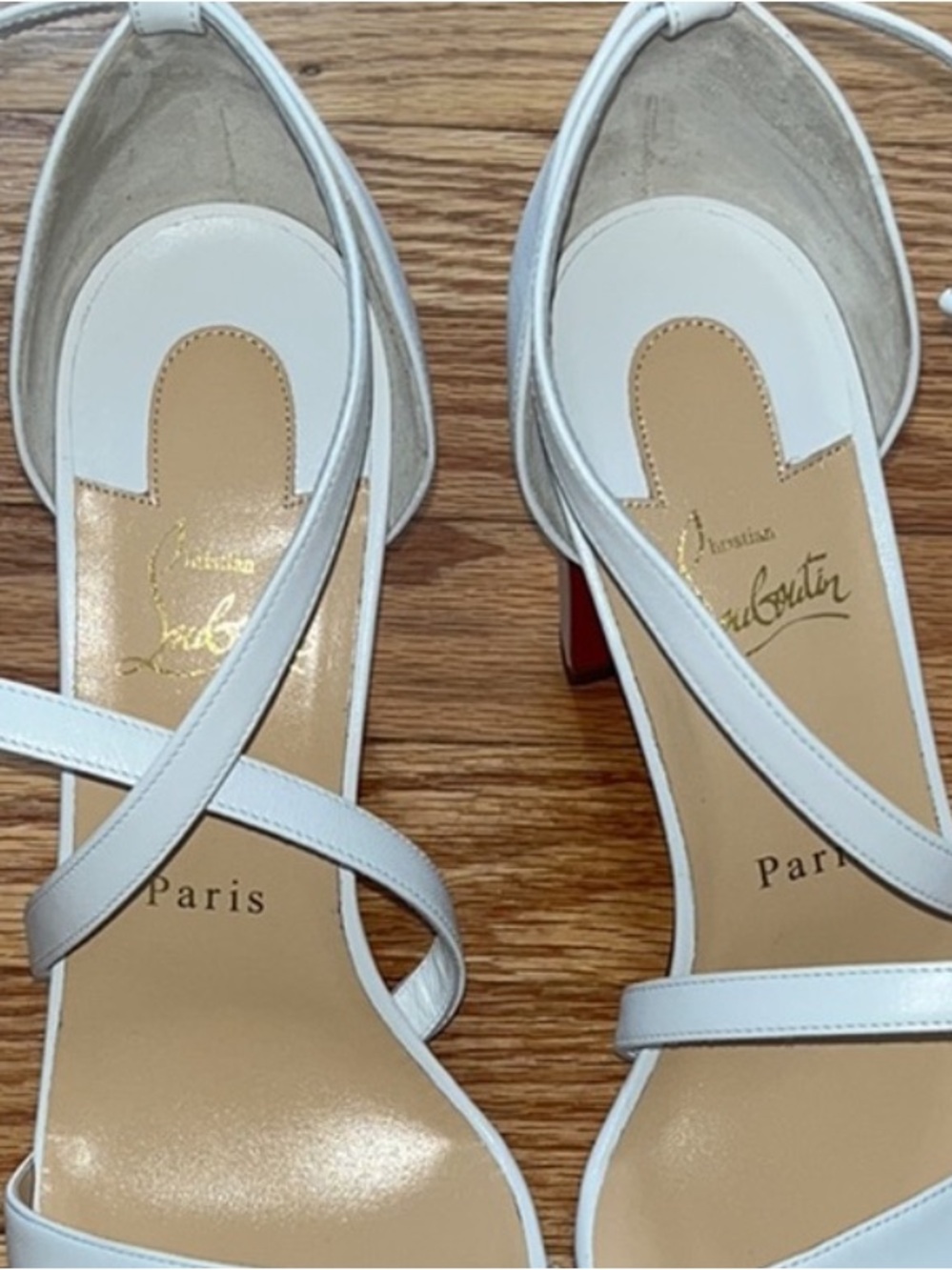 Christian Louboutin White Strappy Block Heel Sandals with Signature Red Sole - Picture 9 of 12